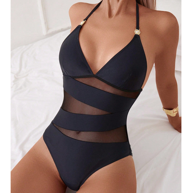 Sexy Backless See-through Mesh Stitching Triangle One-piece Swimsuit