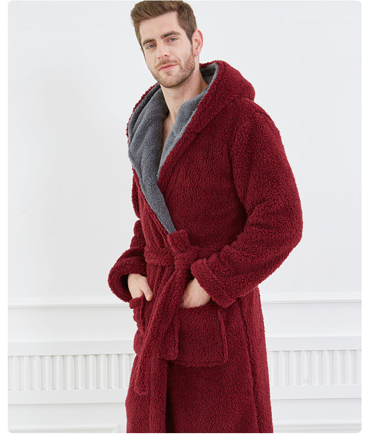 Men's Thick Hooded Coral Fleece Nightgown Warm Large Size Long Couple Pajamas