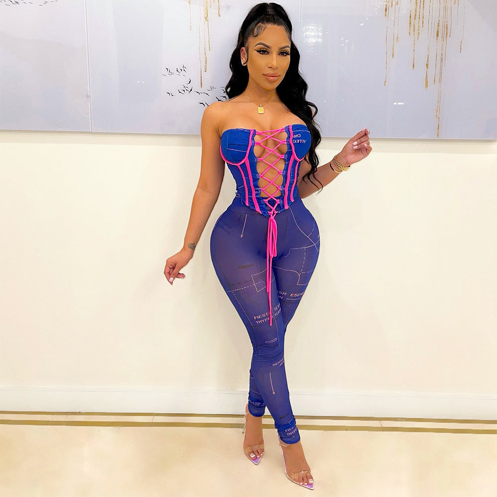 Fashion Sexy Mesh See-Through Chest Wrapped Two-Piece Suit