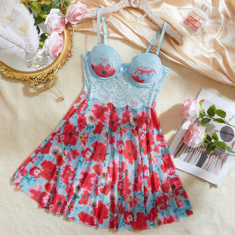 Flower Print One-piece Underwear Dress