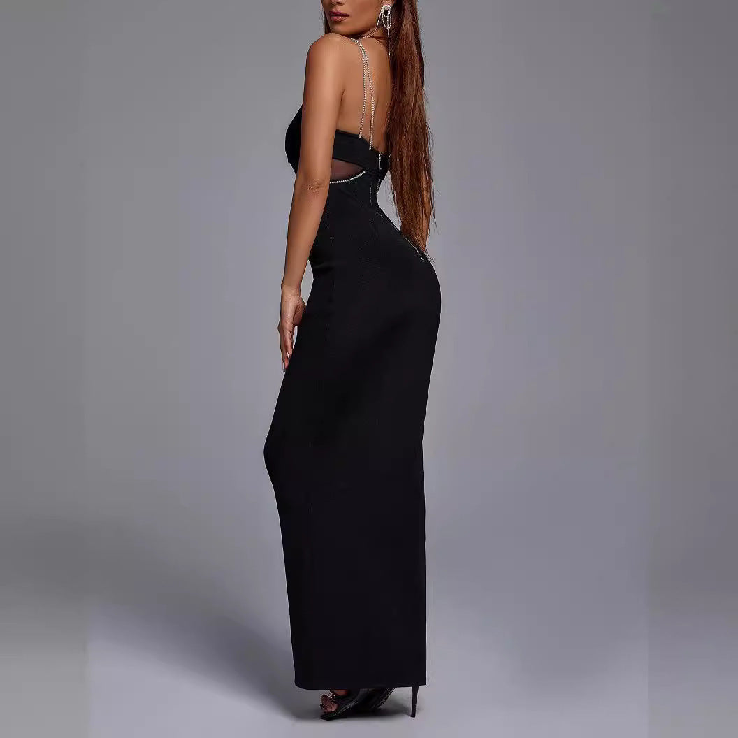 Crystal Drill Chain Straps Tulle Stitched Backless Evening Gown