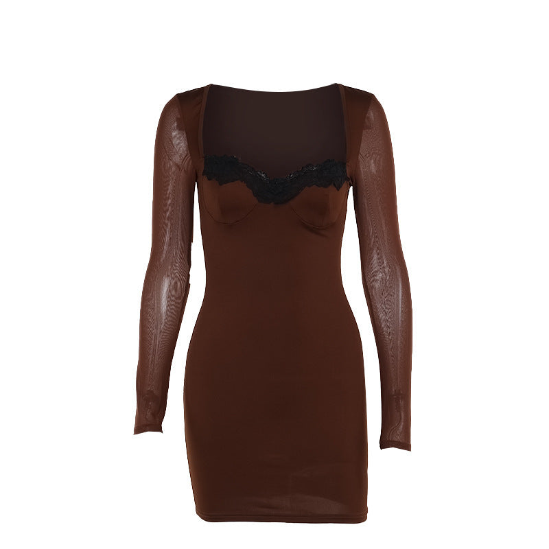 Elegant Slim-fit Long Sleeve Lace Sheath Mini Dress