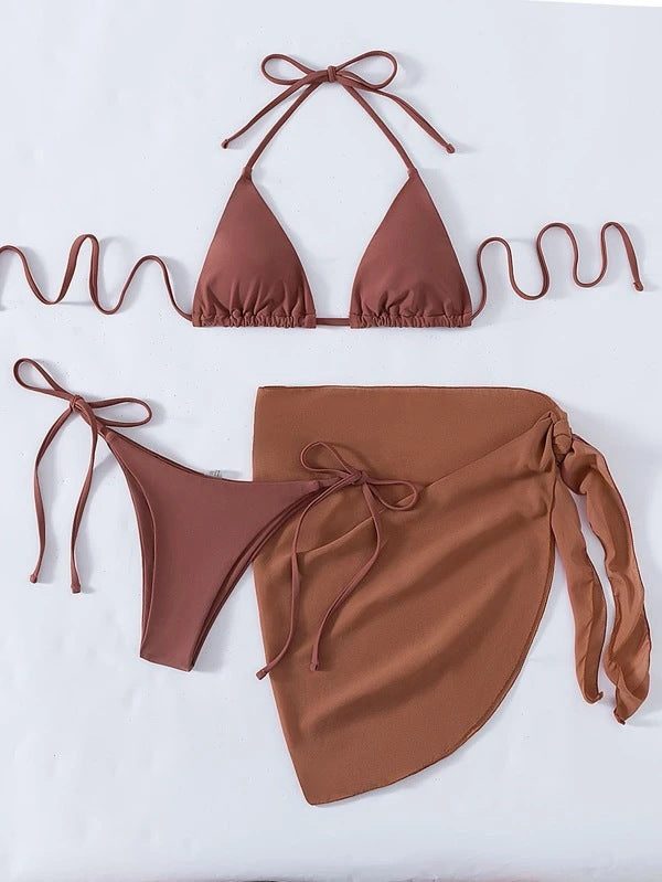 European And American Foreign Trade New Solid Color Triangle Cup Lace-up Bikini Three-piece Set