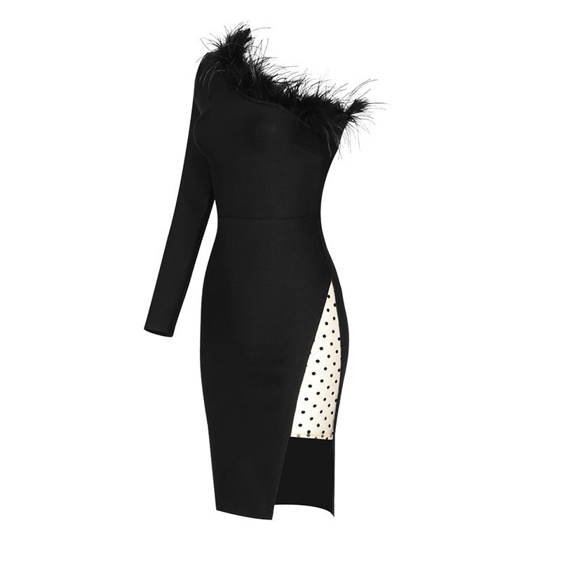 Fur Collar Bandage One-shoulder Long-sleeved Polka Dot Mesh Dress