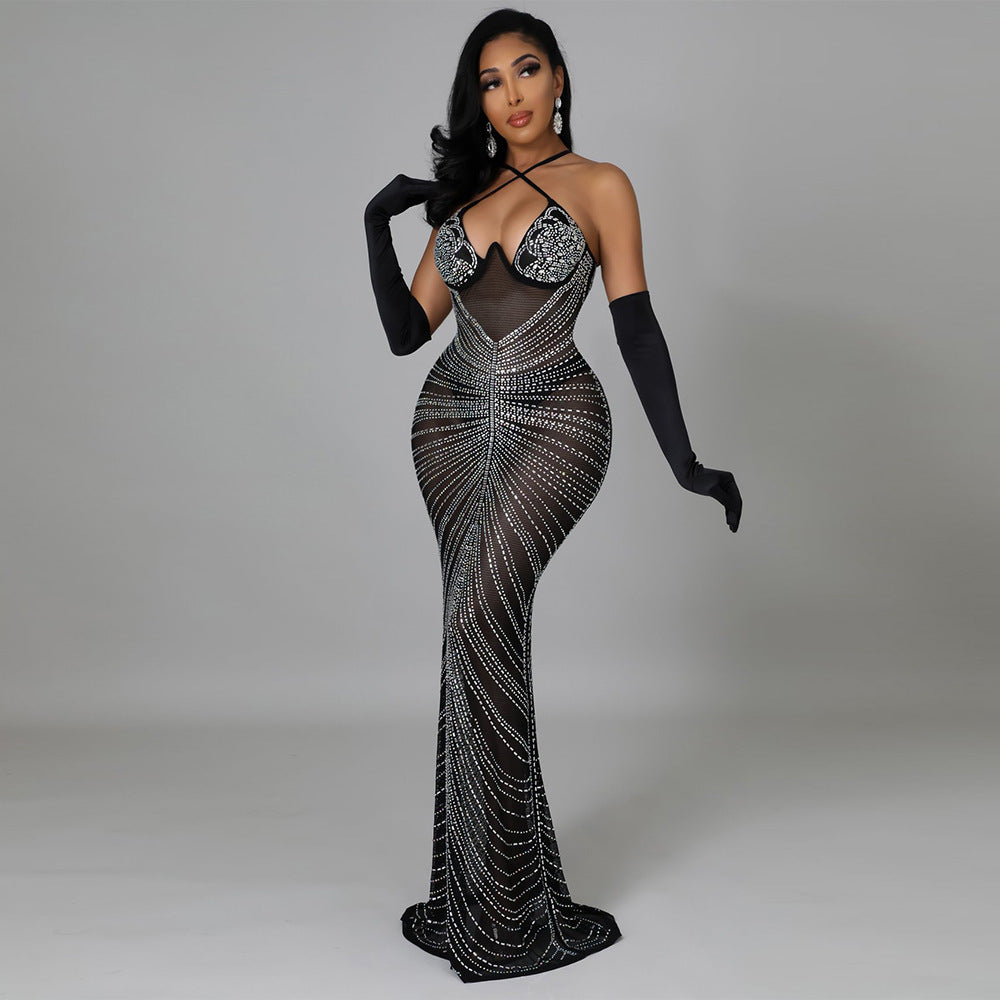 Fashion Women's Sling Polyester Mesh Hot Drill Dress