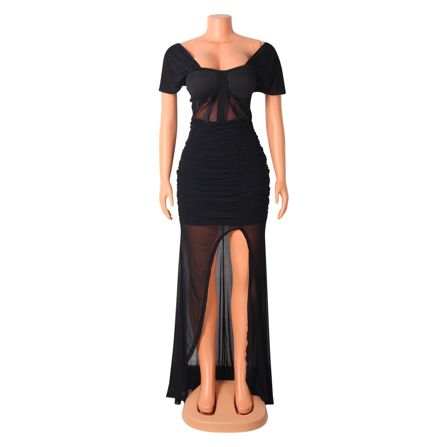 Sexy Nightclub One-Shoulder Mesh Pure Color Dress