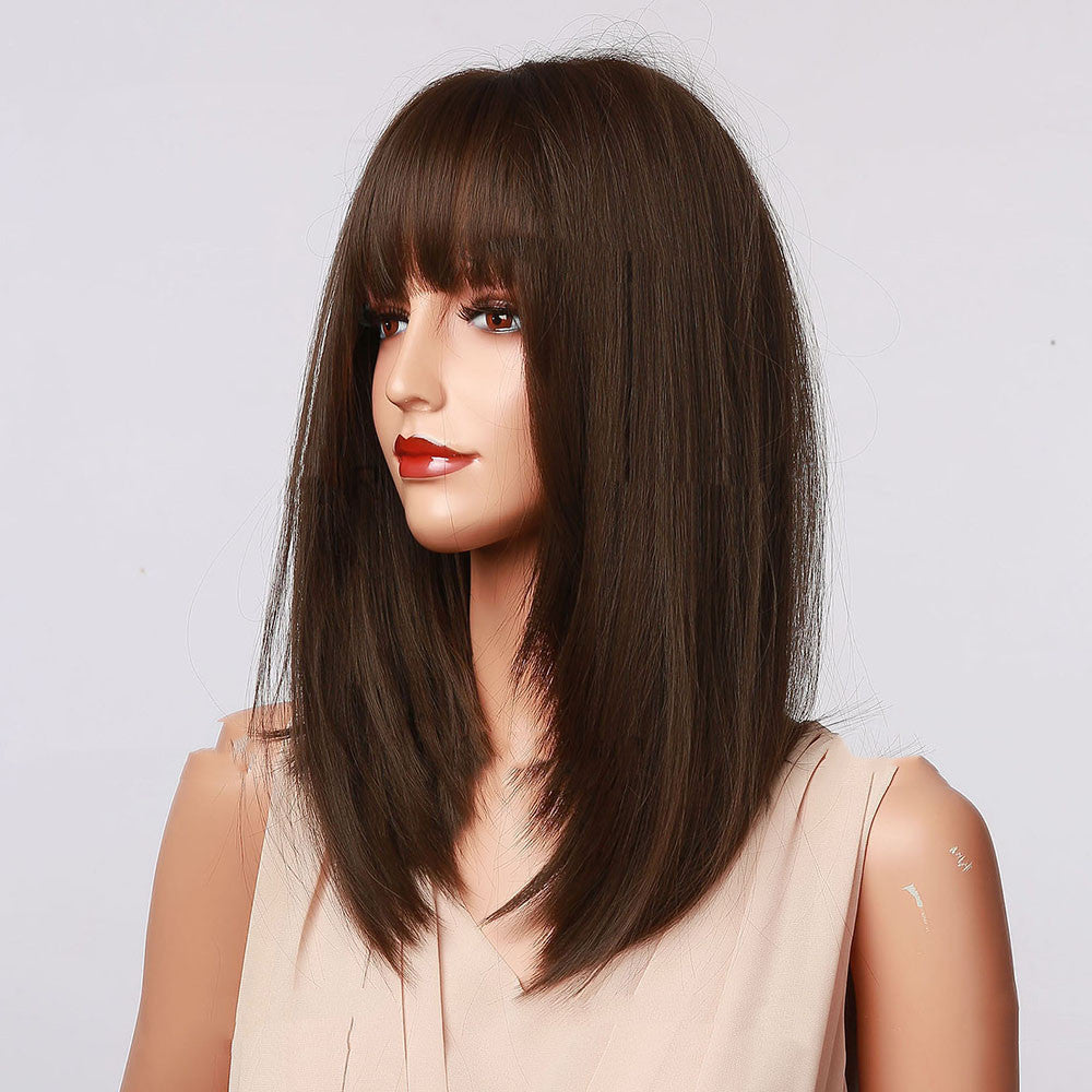 Silk Bangs Black And Brown Shoulder Wig