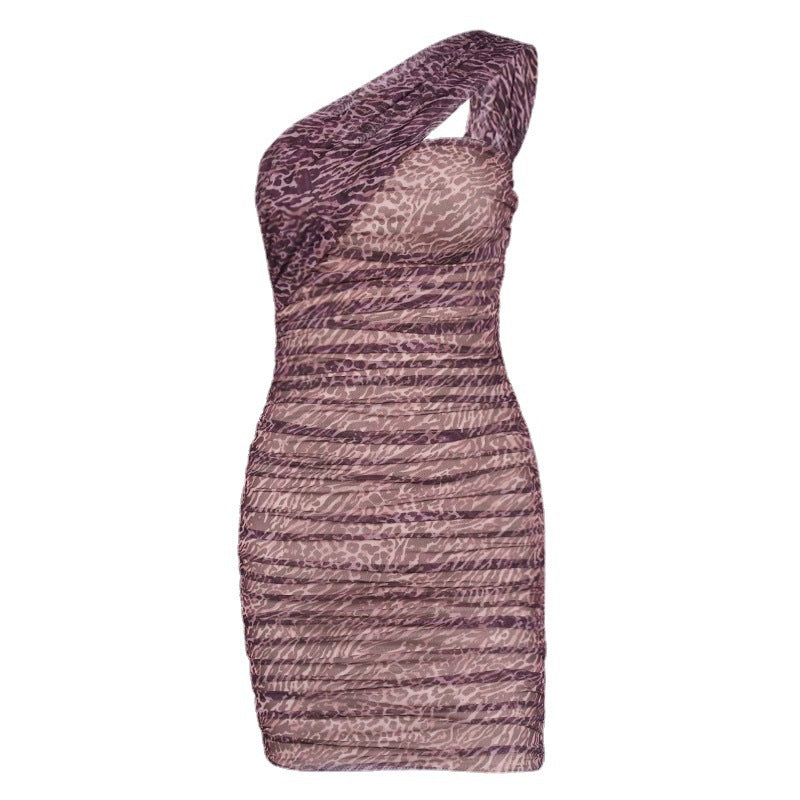 Women's Summer Leopard Print Slanted Shoulder Pleated Mesh Short Skirt