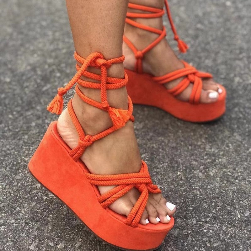 Platform Strap Sandals Round Toe Rope Strap Fashion Sandals