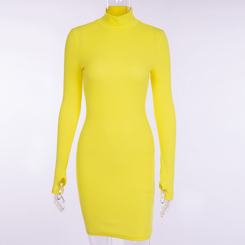 High collar solid color dress