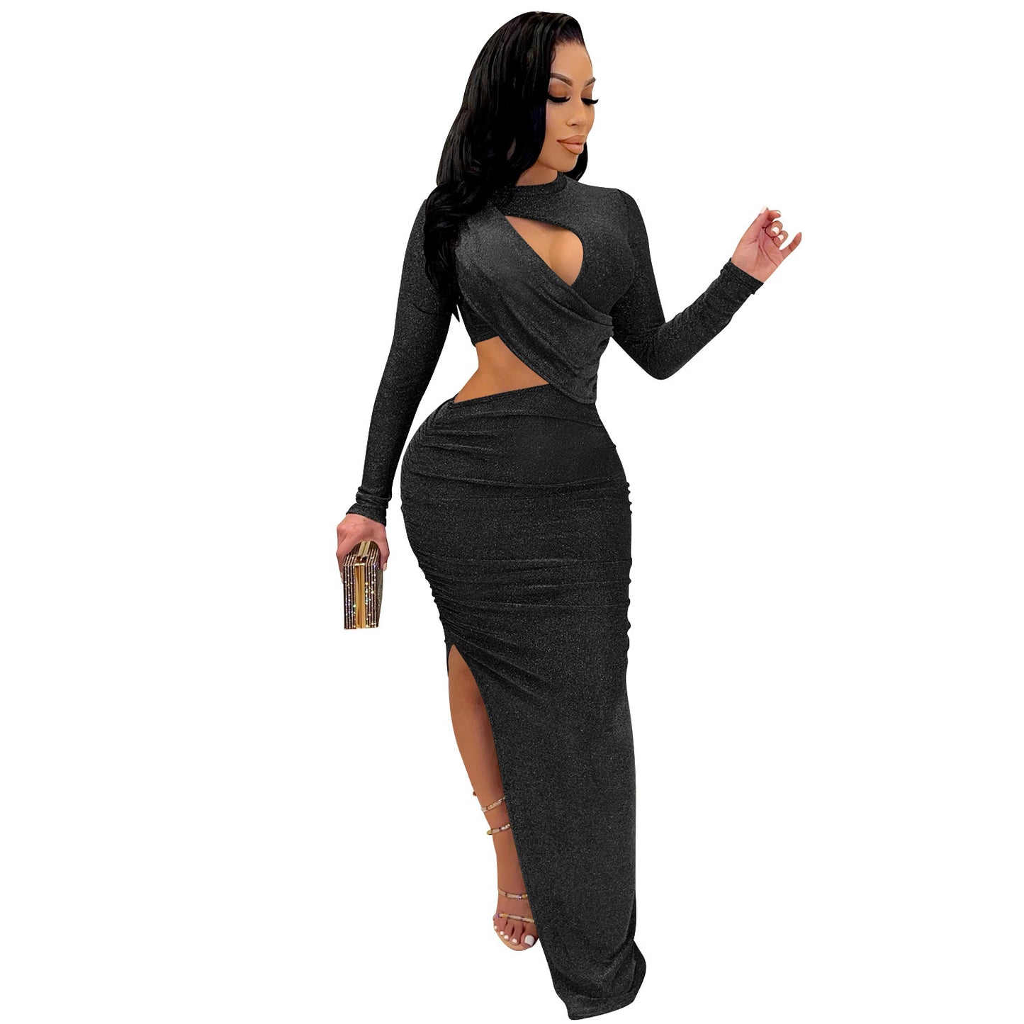Ladies Long Sleeve Hollow Split Dress
