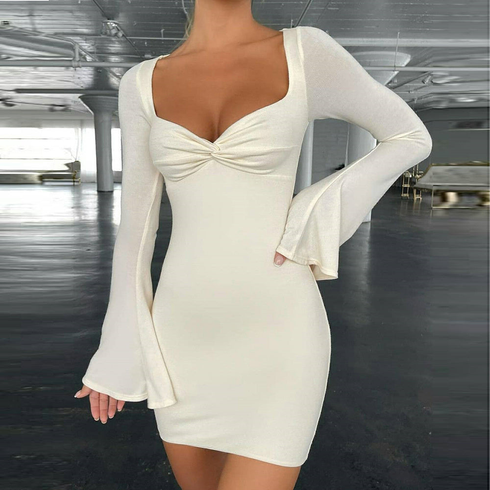 Solid Color Square Neck Flared Sleeve Slim Sexy Hip Dress