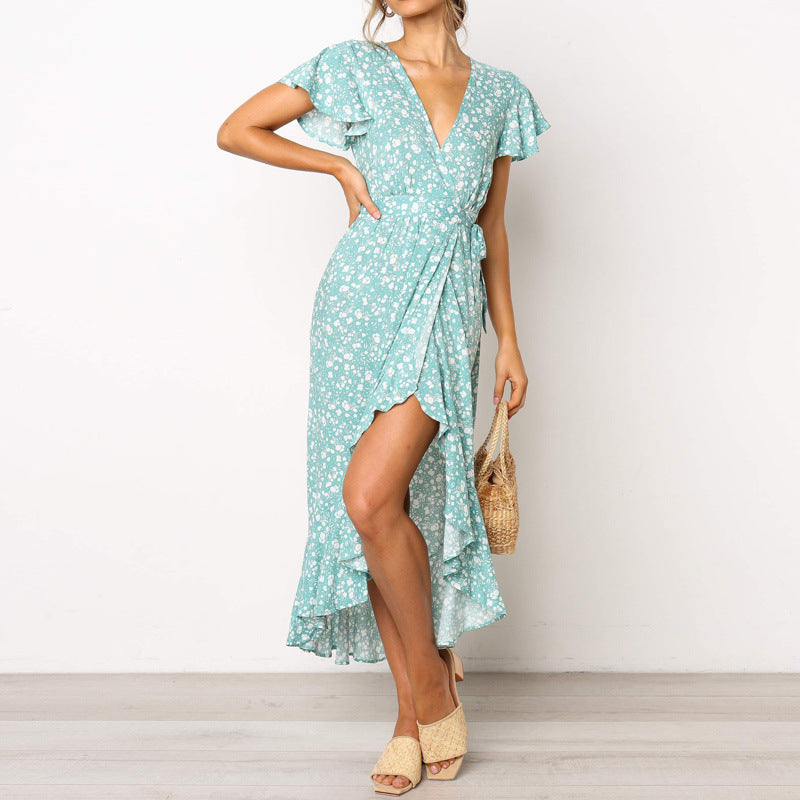 Chiffon printed V-neck dress with high