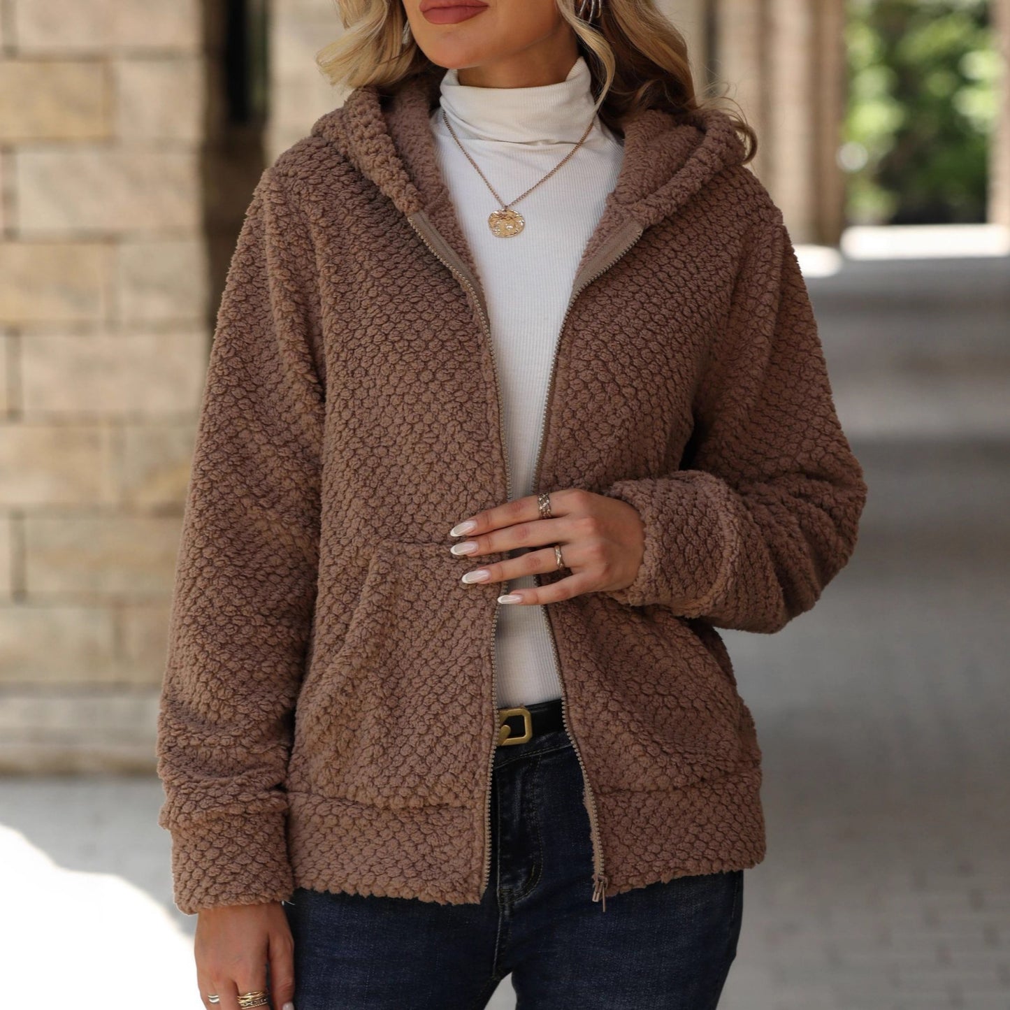 Women's Autumn And Winter Loose Pocket Hooded Zipper Plush Jacket