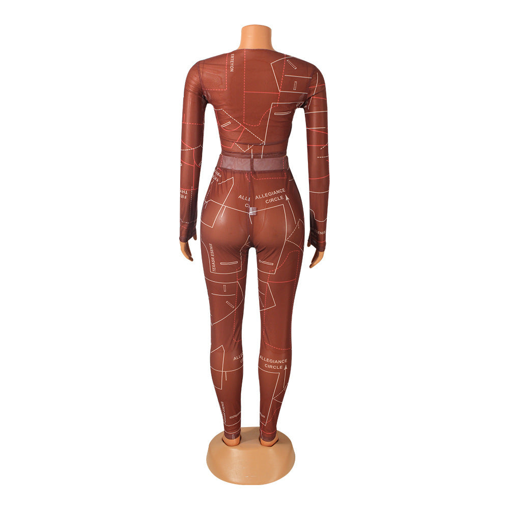 Fashion Sexy Mesh Printed Long Sleeve Two-Piece Suit