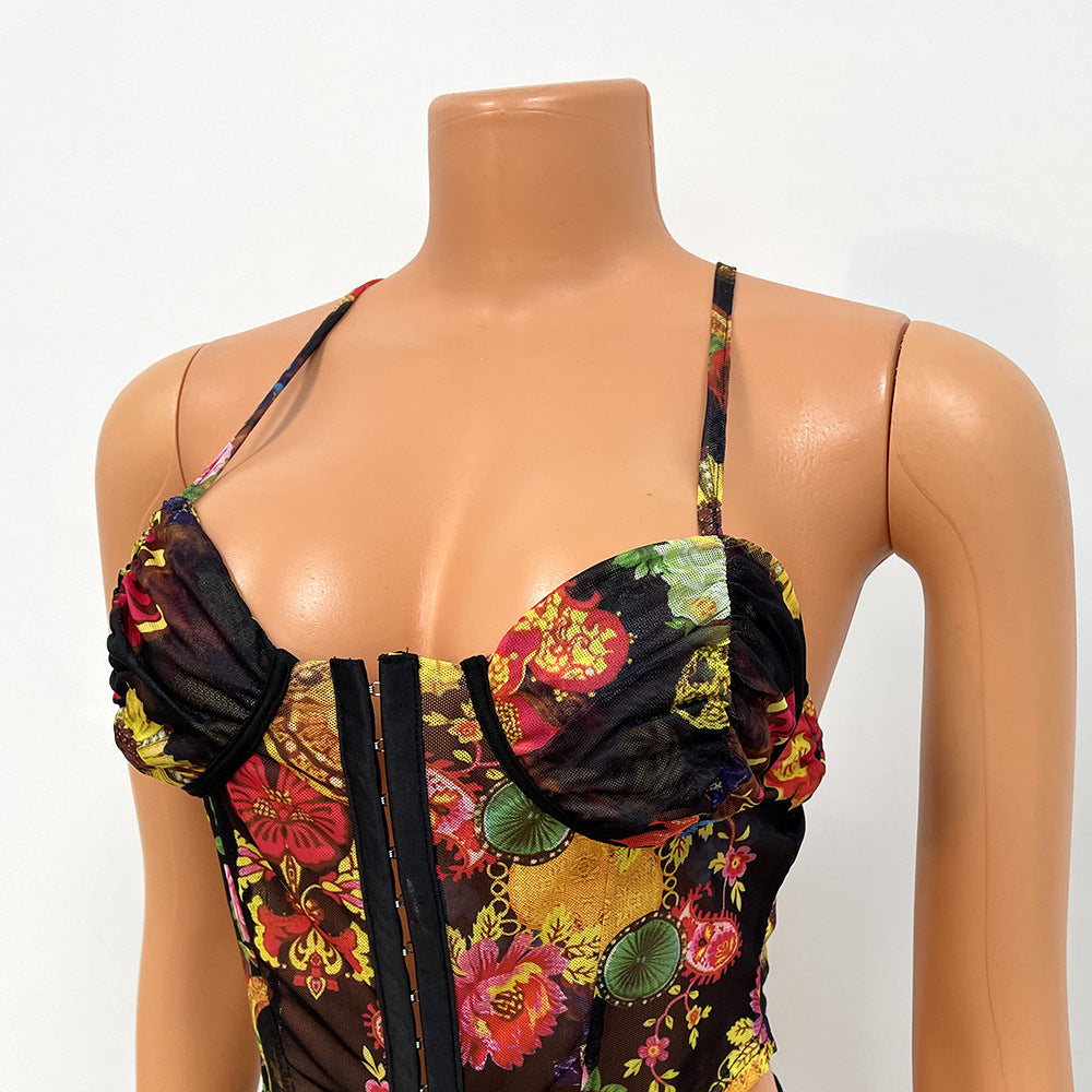 Sexy Mesh Printed Suspenders Wrapped Chest Short Skirt Two-Piece Suit