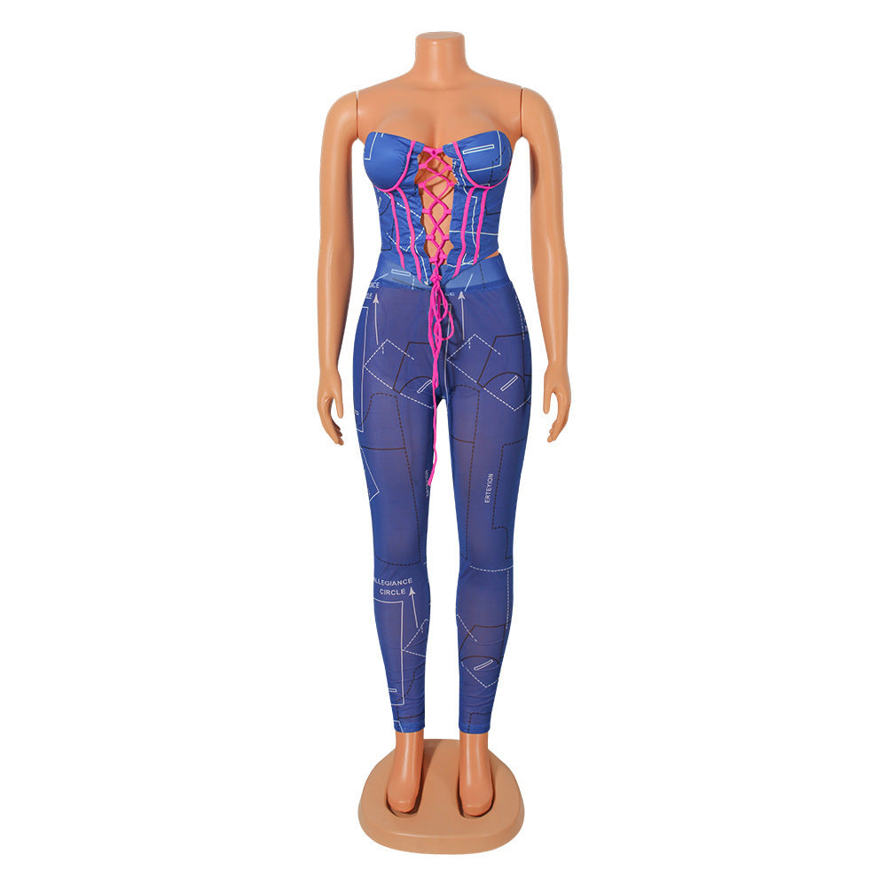 Fashion Sexy Mesh See-Through Chest Wrapped Two-Piece Suit