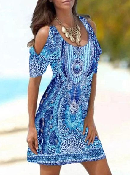 Round Neck Cutout Short Sleeve Fashion Print Dress