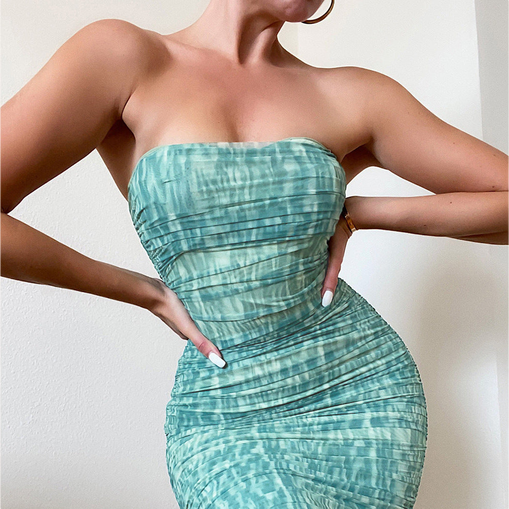Double-layer Mesh Printed Pleated Hip Tube Top Dress