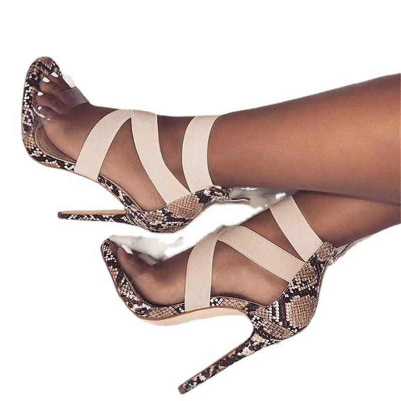 Snakeskin elastic PVC transparent sandals stiletto strappy sandals
