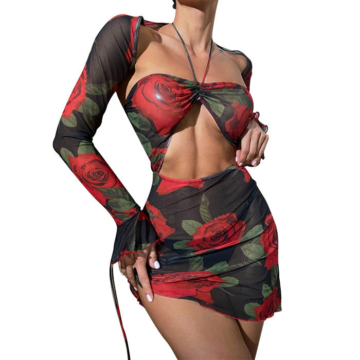 Sexy Backless Print Lace-up Blouse