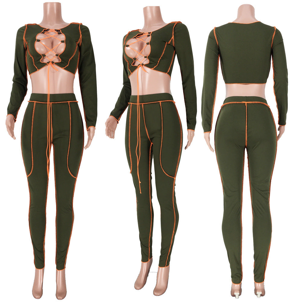 Bandage sexy hollow out long sleeve two piece set