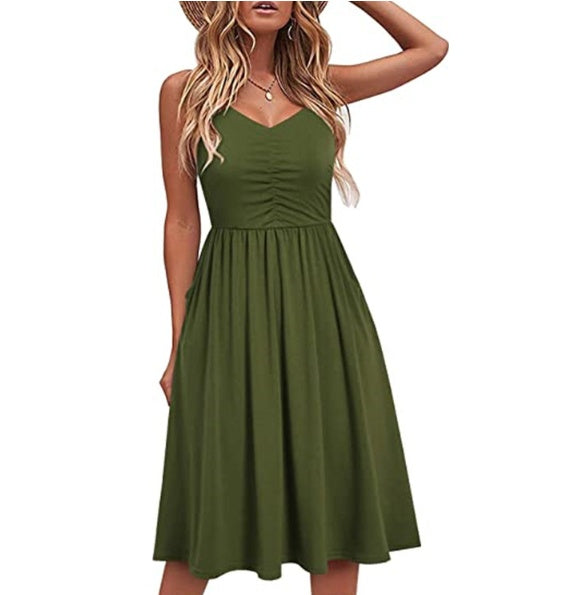 Solid Color Suspender Halter Dress