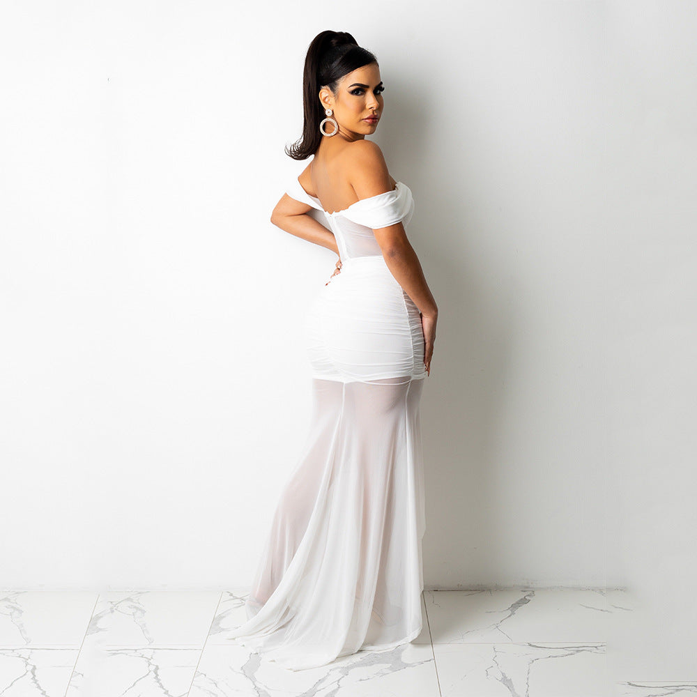 Sexy Nightclub One-Shoulder Mesh Pure Color Dress