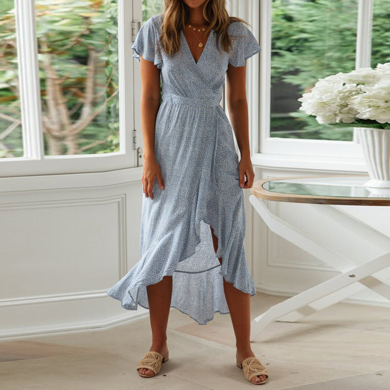 Chiffon printed V-neck dress with high