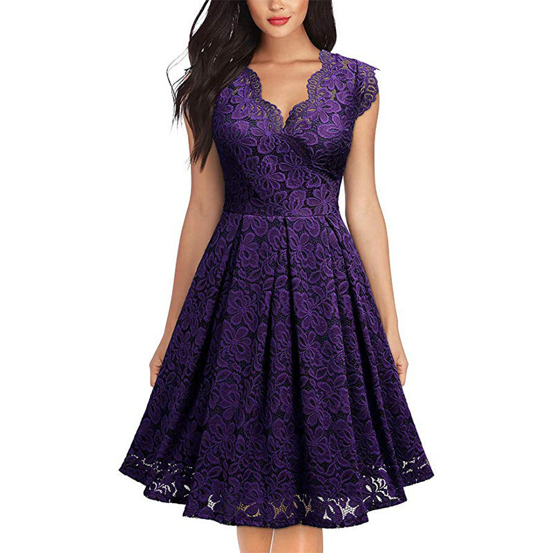 Europe And America Women's Vintage Lace V-Neck Sleeveless Cocktail Party Swing Skirt