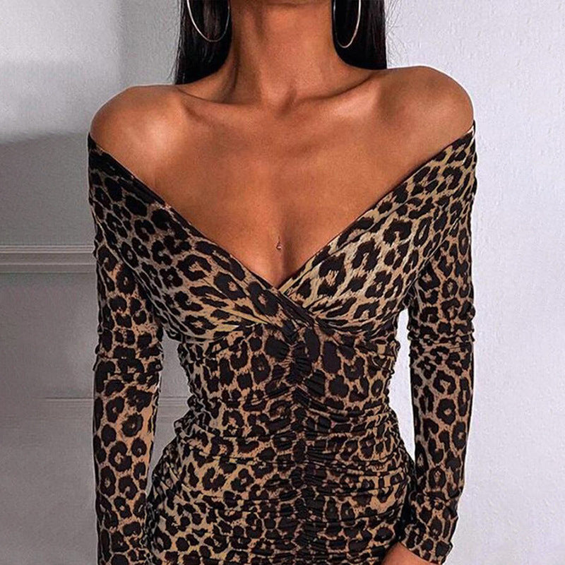 Off-the-shoulder Slim Jumpsuit Short Skirt Sexy Leopard Print V-neck Long Sleeves