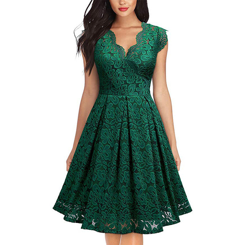 Europe And America Women's Vintage Lace V-Neck Sleeveless Cocktail Party Swing Skirt