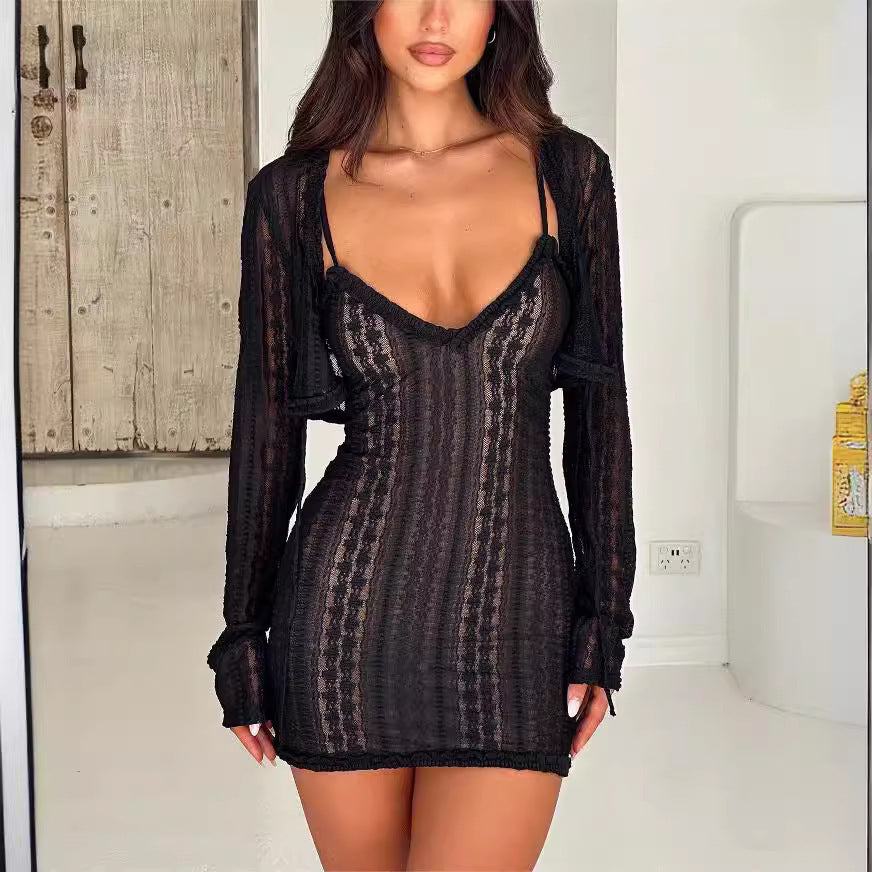 Cross Border Long-sleeved Sun-proof Cardigan Sexy V-neck Split Dress Party Elegant