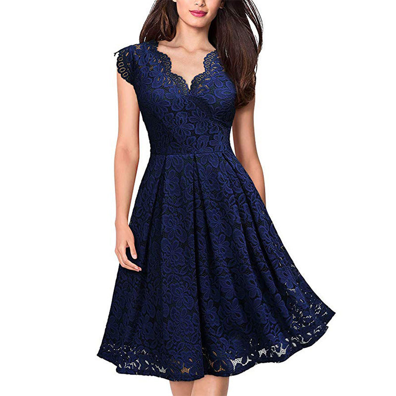 Europe And America Women's Vintage Lace V-Neck Sleeveless Cocktail Party Swing Skirt
