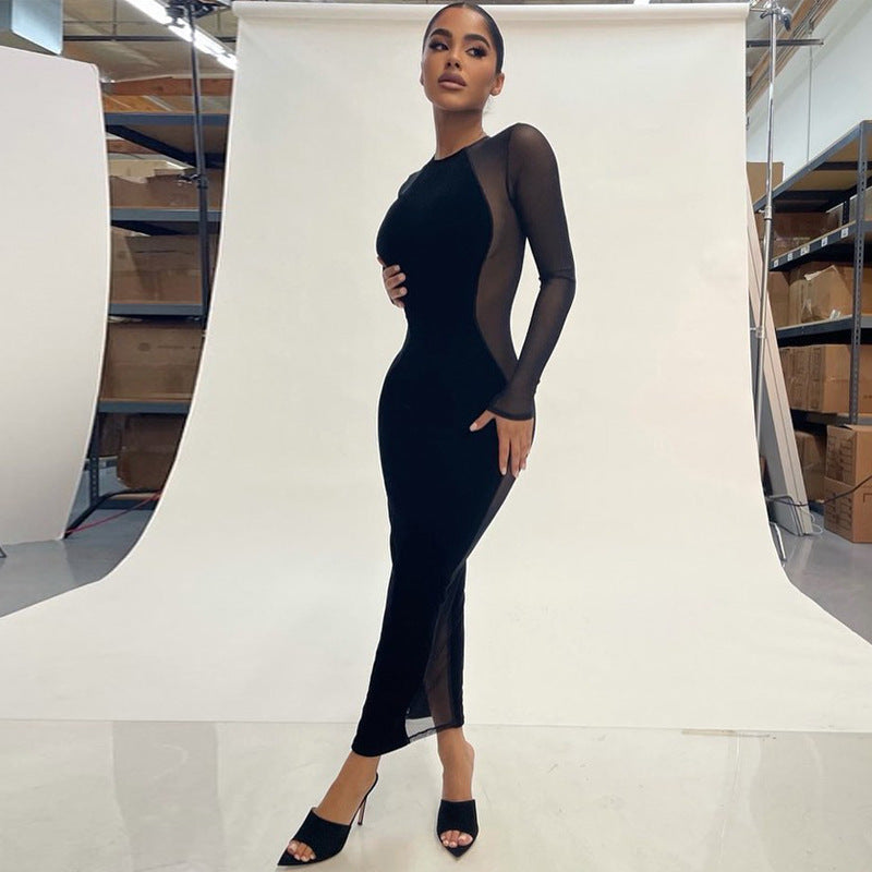 Fashion Sexy See-through Mesh Stitching Slim Long-sleeved Dress