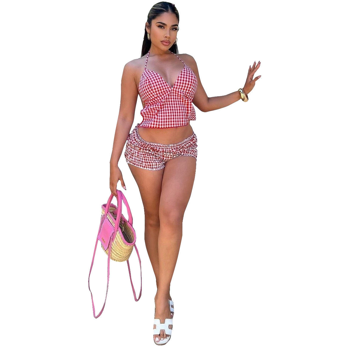 Summer Halter Pleated Plaid Pants Suit Women