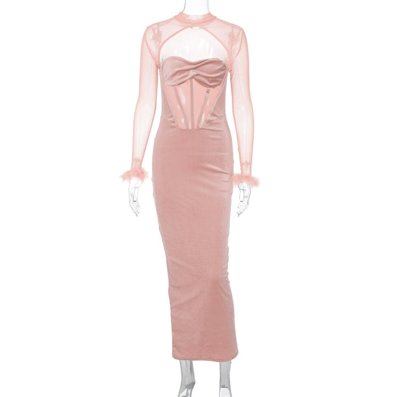 Women's Plush Mesh Stitching Sexy Hollow Dress