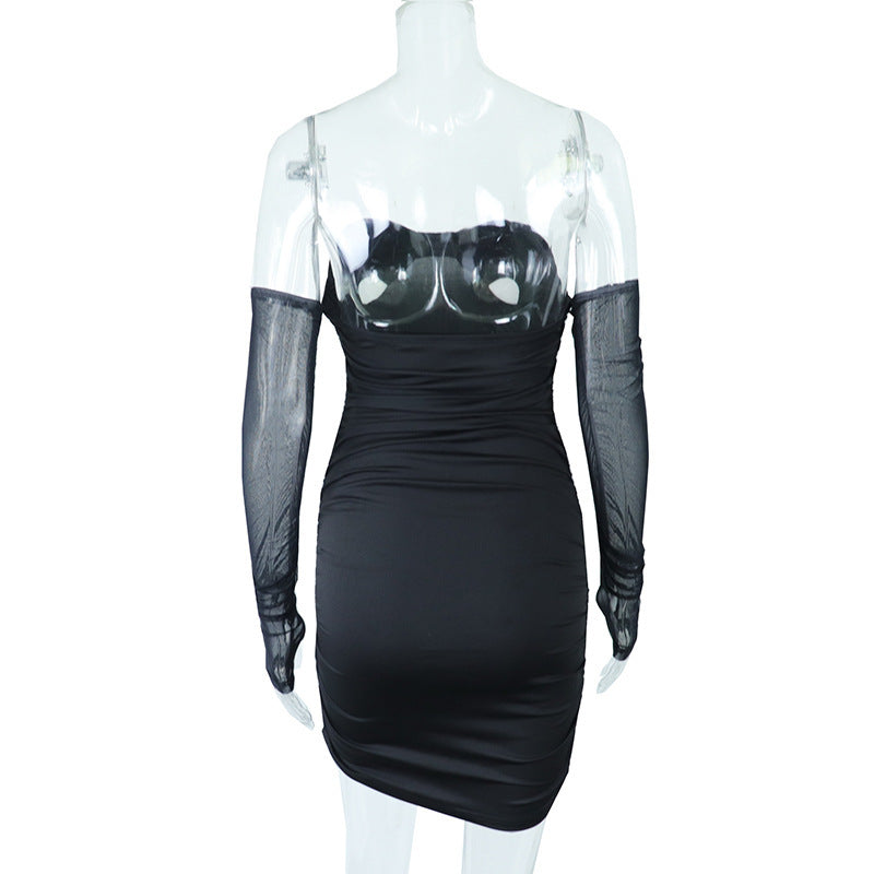 Mesh Panel Long Sleeve Mid Waist Hip Dress
