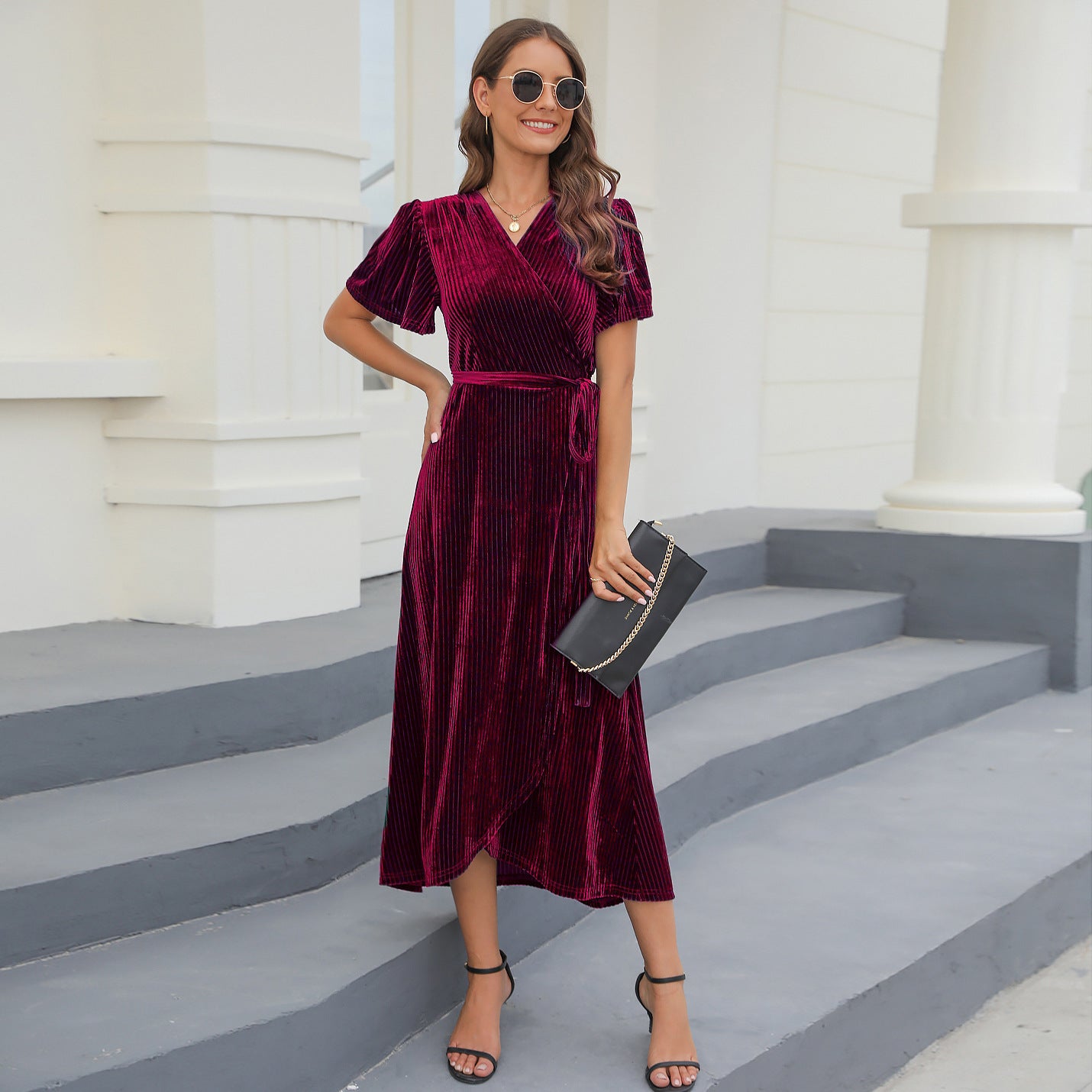 Women's Spring And Autumn Split Gold Velvet Mid-length Formal Dress