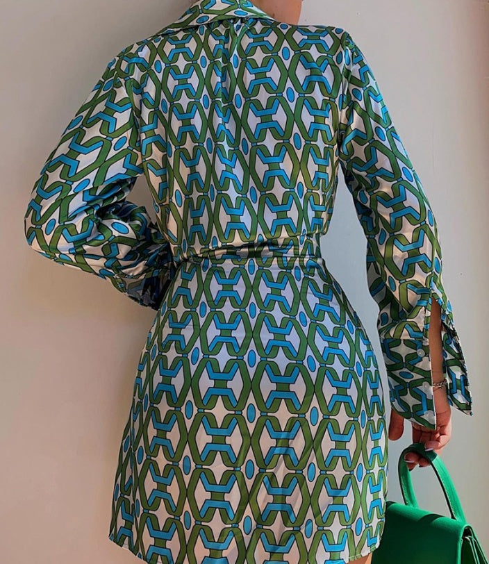 Women's New Contrast Chain Print Long Sleeve Tie Shirt Dress