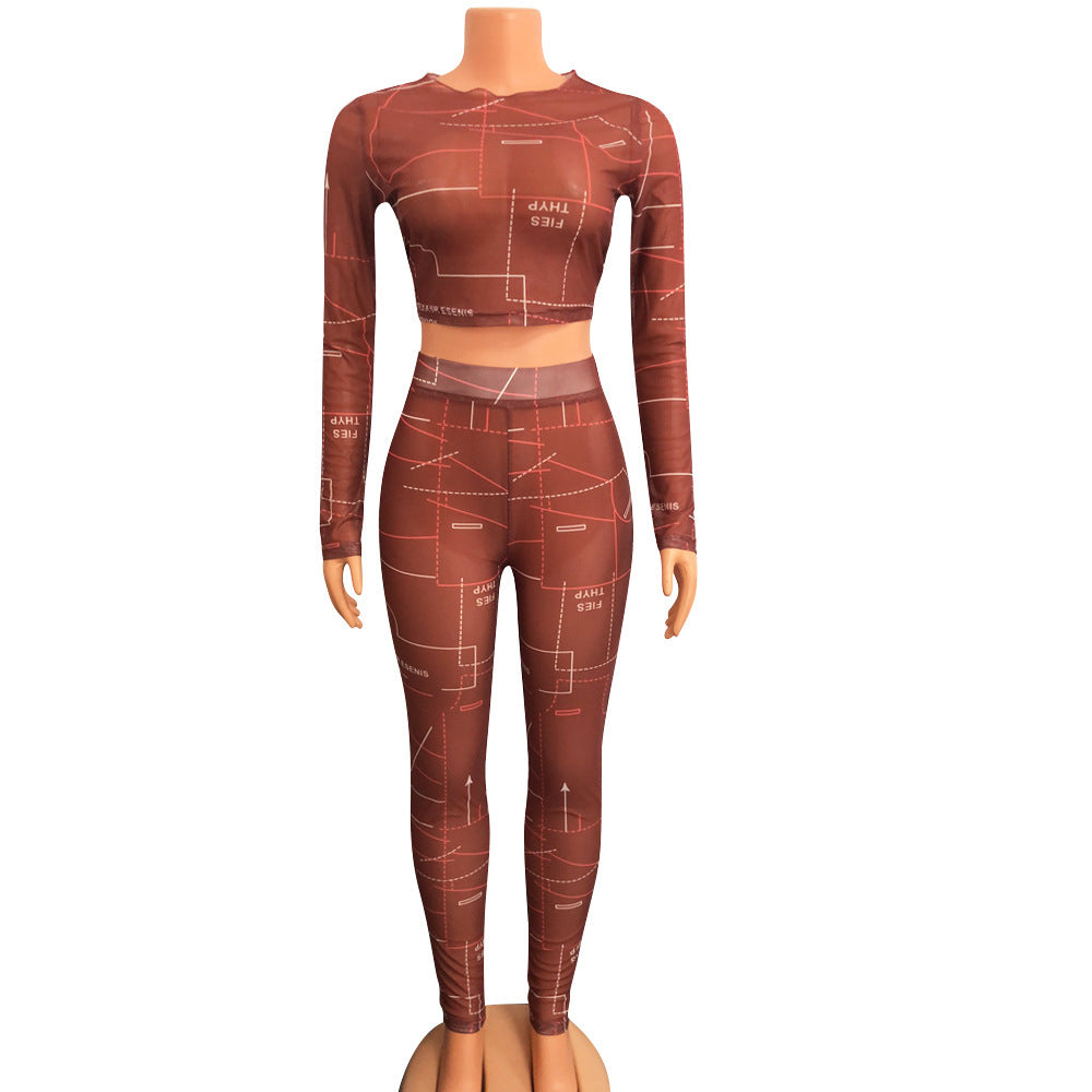Fashion Sexy Mesh Printed Long Sleeve Two-Piece Suit
