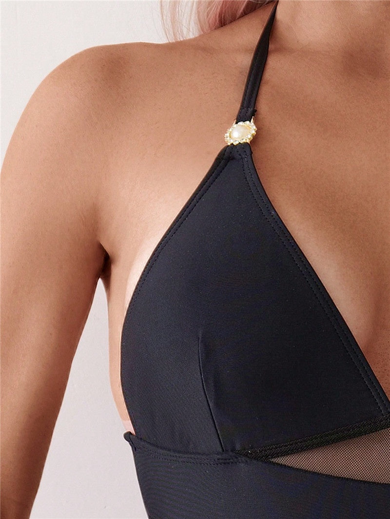 Sexy Backless See-through Mesh Stitching Triangle One-piece Swimsuit