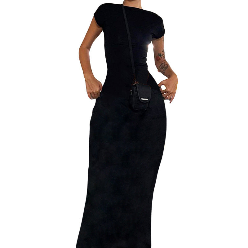 Women's Short-sleeved Round Neck Slim-fit Sheath Backless Dress