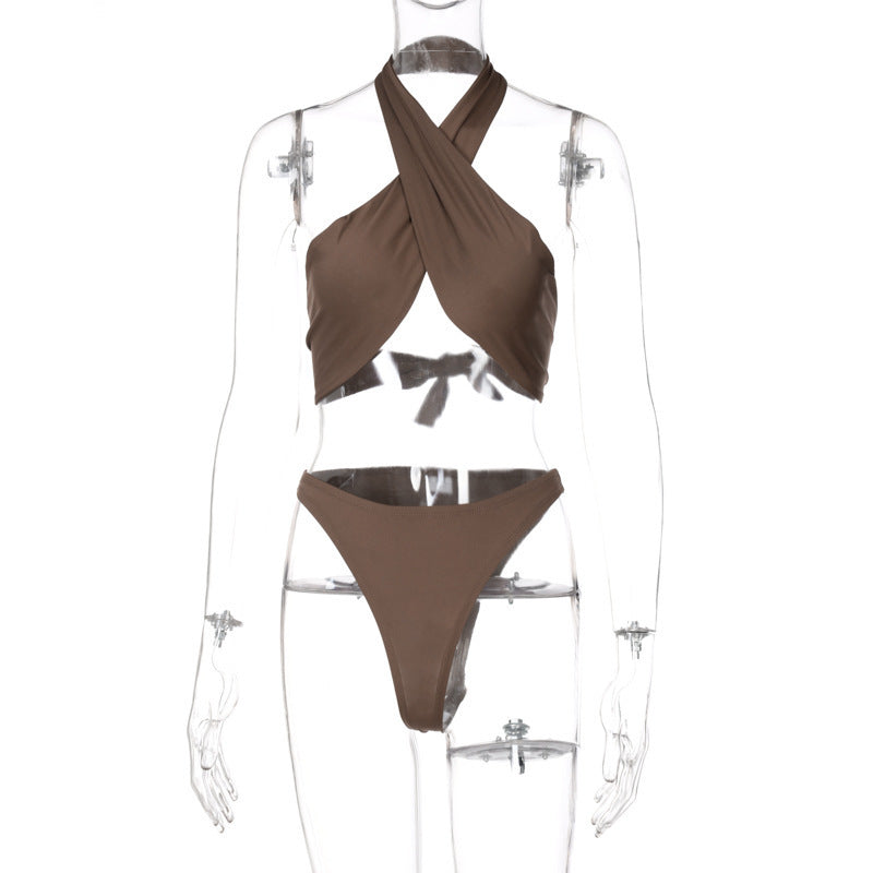 Cross Halter Solid Color Swimsuit Bikini Set