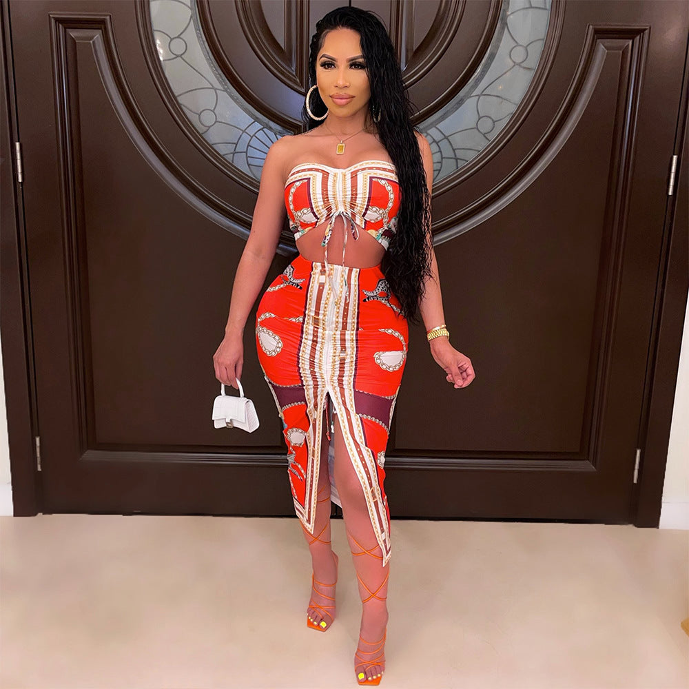 Fashion Sexy Print Pleated Slit Chest Wrap Suit
