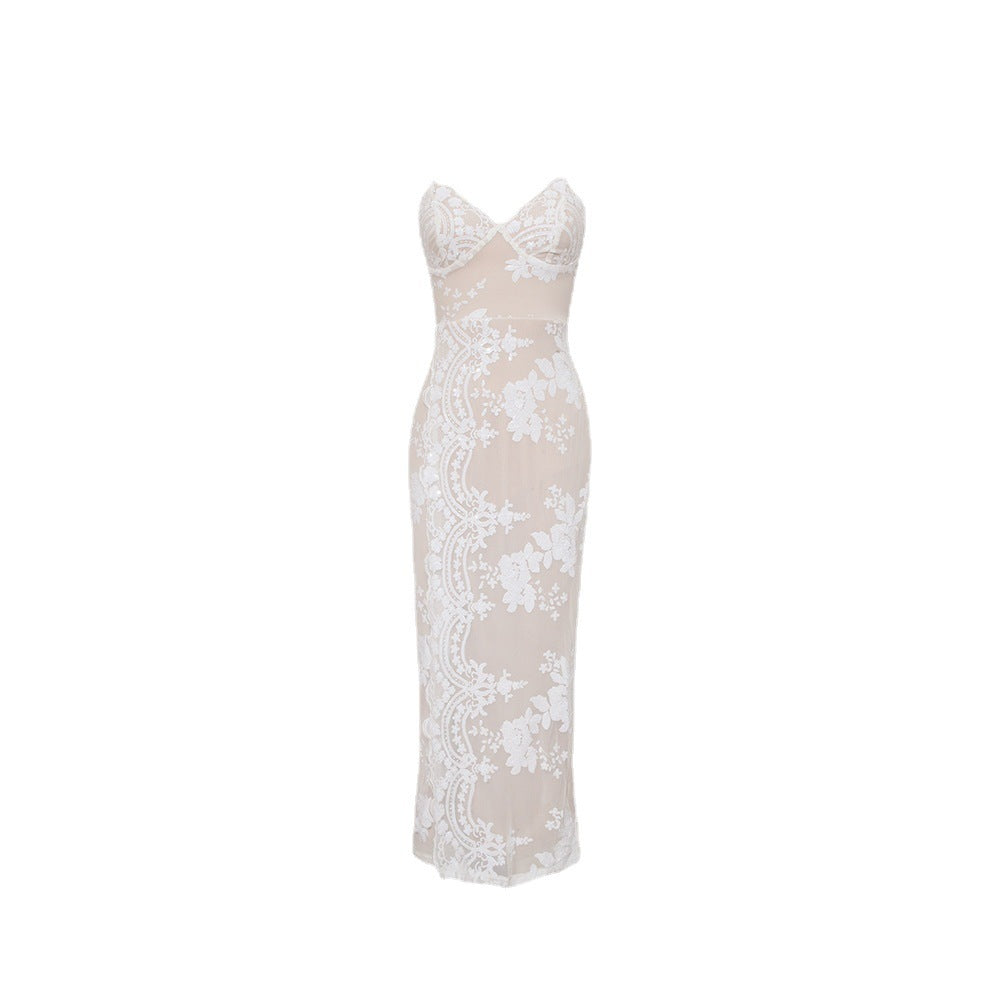 Sequin Embroider Cross Slit Backless Sling Slim Fit Long Dress