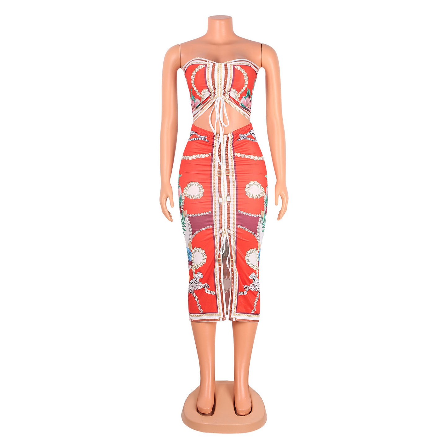 Fashion Sexy Print Pleated Slit Chest Wrap Suit