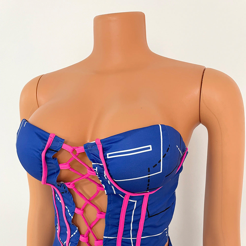 Fashion Sexy Mesh See-Through Chest Wrapped Two-Piece Suit