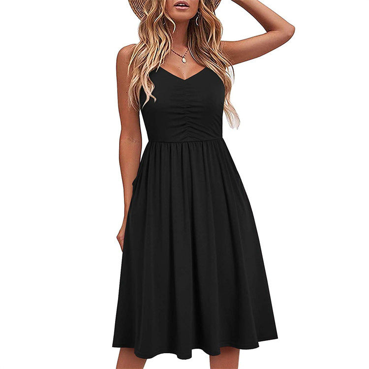 Solid Color Suspender Halter Dress