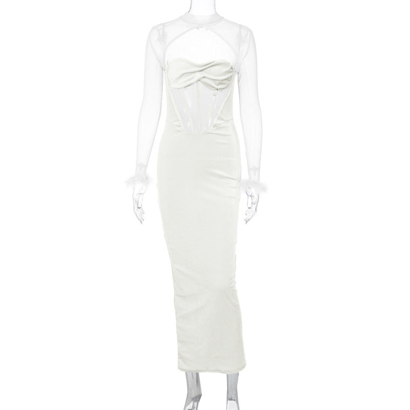 Women's Plush Mesh Stitching Sexy Hollow Dress
